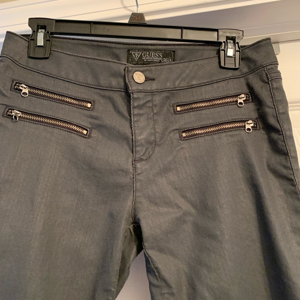 Guess 1981 Designer Jeans. Zippers. Size 28 waist. Charcoal/Light Black. Sharp!!